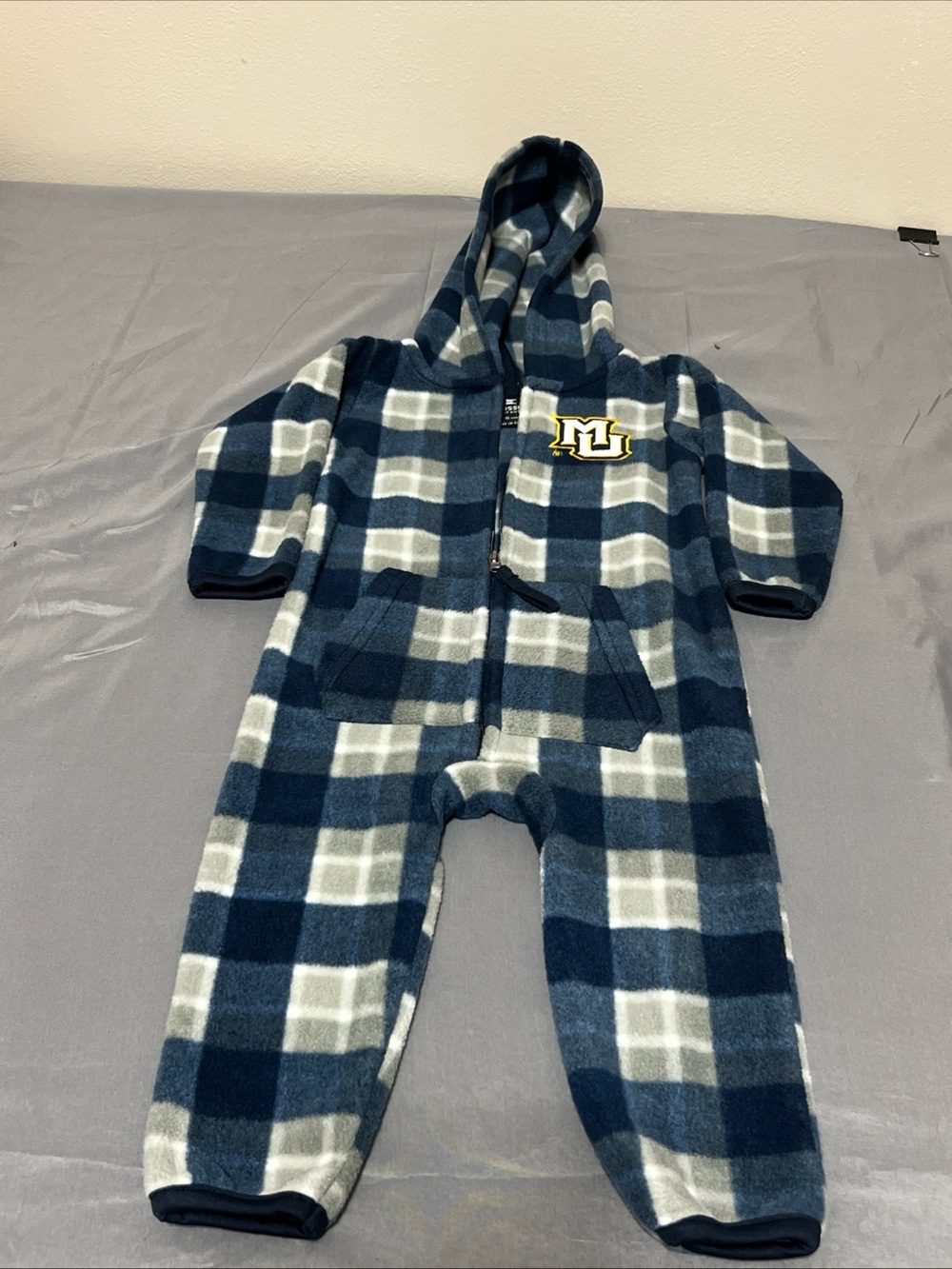 Marquette University Golden Eagles infant plaid fleece full-zip hooded jumpsuit